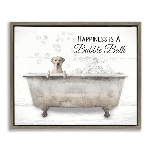 Image of 'Happiness Is A Bubble Bath Dog'| Floating Frame Canvas Art | Stupell Industries | Brown, 21 x 17 Inches, Easy to Hang and Sturdy, Made in USA, by Lori Deiter