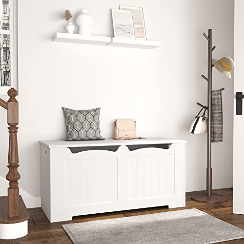 Hzuaneri 39.4" Storage Lift-Top Organizer, Wooden Storage Bench, Storage Trunk With 2 Safety Hinge, Toy Chest Box, Shoe Bench For Entryway, Bedroom, Living Room, White #TOP3