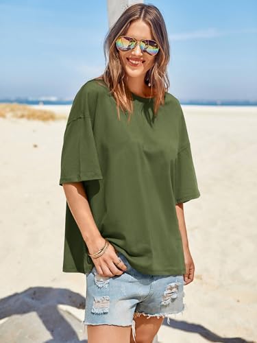 Tankaneo Womens Oversized Tshirts Summer Casual Short Sleeve Crew Neck T Shirt Loose Fit Side Slit Tee Tops Army Green - 2