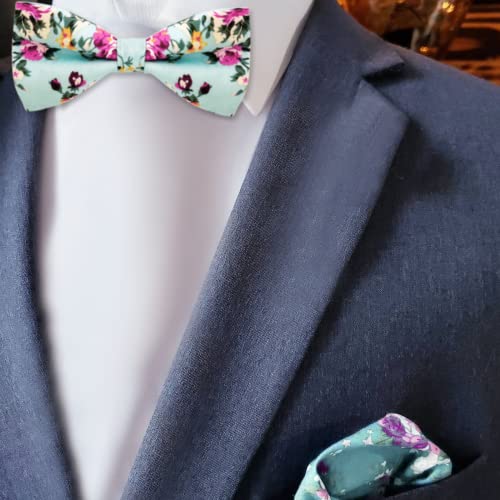 Sunovelties Bow Ties For Men Floral Pre-Tied Bowtie And Pocket Square Set Hanky Formal Classic Men's Bowties For Wedding Party, Blue #TOP6