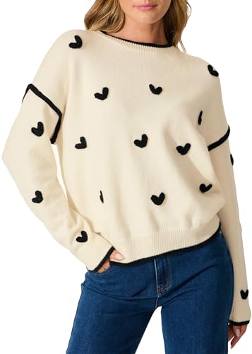 Angashion Women's Heart Sweater Crew Neck Casual Long Sleeve Loose fit Love Print Ribbed Knit Sweaters Pullover Top