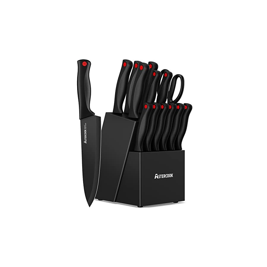 Astercook 15 Piece Knife Set with Sharpener Block - German Stainless Steel, Dishwasher Safe Kitchen Knives with Built-In Sharpener, Black