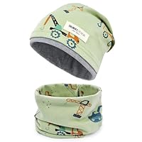 beifon Kinder Beanie Mütze & Loop Schal Set, 95% Baumwolle Mütze Schal Set Mädchen Jungen 2-8 Jahren, Schlauchschal Warme Wintermütze Strickmützen für Herbst Winter Frühling(Grün)
