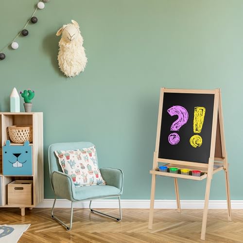 Relaxdays Kindertafel 2 in 1, Kreide- & Magnettafel, höhenverstellbare Standtafel mit Zubehör, Holztafel Kinder, natur