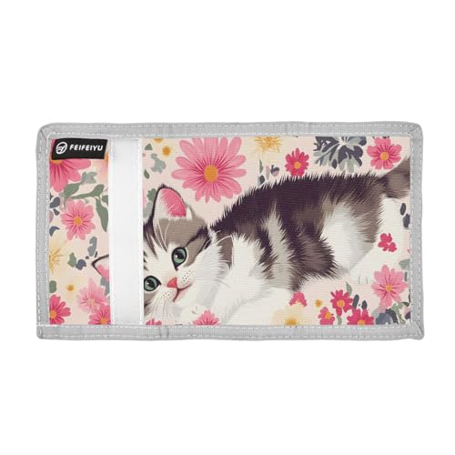 Kitty in Floral Setting Durable Nylon Fabric Wallet for Boys and Girls - Multi-Functional with 2 Clear Pockets, Zipper Coin Compartment, 3 Card Slots & Keyring2