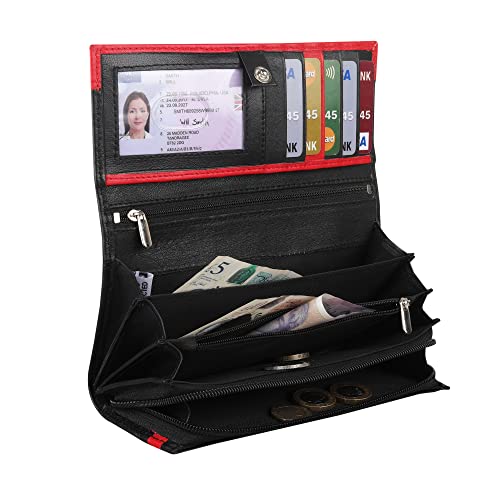 Women's Ladies RFID Blocking Luxury Soft Real Napa Leather Clutch Wallet Long Flapover Purse Black Red 3702