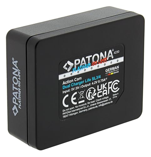 PATONA Platinum Dual ładowarka do Action Cam Life SL3 i SL4 | wejście: USB-C 5 V/2 A | Wyjście: 4,5 V/750 mAh x2 | zarządzanie ładowaniem dla bezpiecznego ładowania | wskaźnik LED stanu ładowania | 28