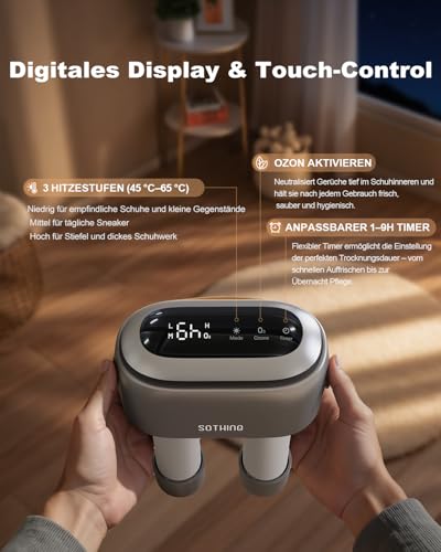 SOTHING Schuhtrockner Elektrisch, 95W Schnelles Trocknen mit 3 Heizstufen, Schuhtrockner Ozon Frischemodus, 1–9H Timer, Ausziehbare Schläuche & Überhitzungsschutz – Tragbarer Skischuhtrockner