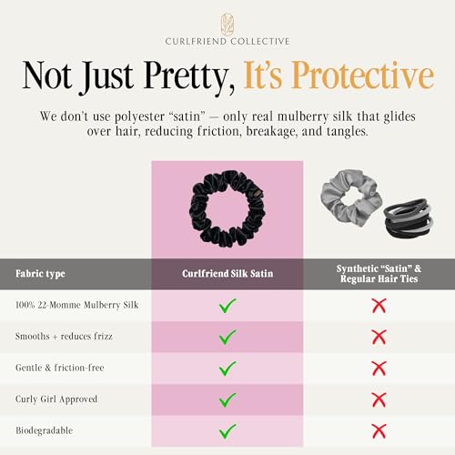 Image of Curlfriend Collective Onyx Midi Curly Hair Silk Scrunchies for Women, Black | 22 Momme Mulberry Silk Hair Ties for Curly, Coily, and Wavy Hair - Black, Pack of 4