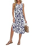 AUSELILY Summer Dresses for Women UK Ladies Casual Midi Dress Sleeveless Slit Elegant Beach Sundress with Pockets Blue Leaves M