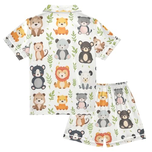 ALAZA Bear Lion Pajamas Satin Pajama Set Short Sleeve Button Down Sleepwear2