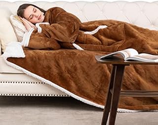 HBselect Wearable Blanket with Sleeves, Soft Fluffy Sherpa Plush Snuggle Slankets Blanket Throws for Sofa Warm Fleece Blanket for Women & Adult, Light Brown, 170×200cm
