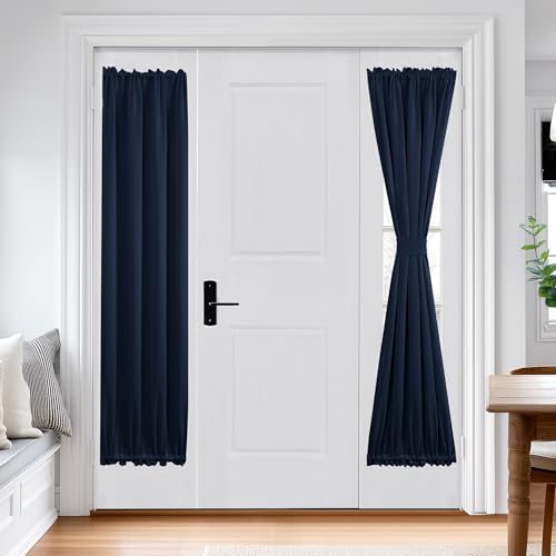 Deconovo Room Darkening Door Curtain, Thermal Insulated Privacy Panel for Glass Doors and Sidelights, Dual Rod Pocket Tieback (25W x 72L, Navy Blue, 1 Panel)