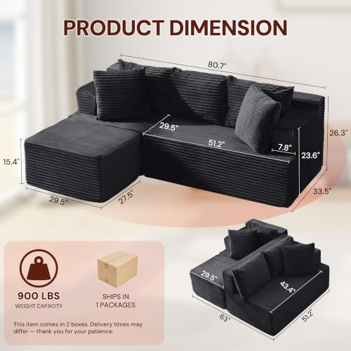 Image of Korser Boneless Couches for Living Room, Cloud Couch Sectional with Ottoman, L-Shaped Sofa with Fluffy Comfy Corduroy Deep Seat, Bedroom, Apartment, No Assembly Required