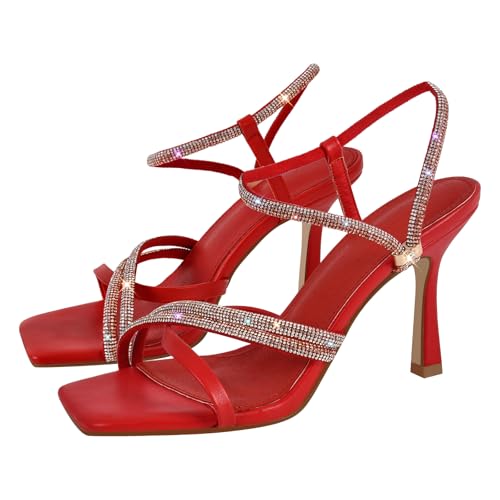 Women's Diamond Studded Straps Stilettos Square Toe Slingback Heeled Sandals