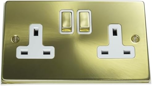 Discount Electrix 2 Gang Plug Socket Outlet Satin Brass Finish with White Inserts