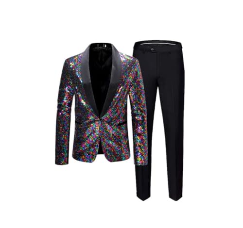 Men Sequins Suit 2 Piece Comfortable Breathable Business Social Dance Party Dress Blazer Pants C L