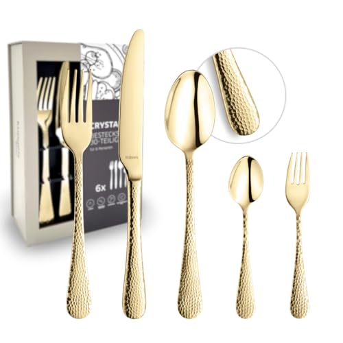 Kuppels Crystal - Cubertería para 6 personas, color dorado, PVD (30 piezas, acero inoxidable 18/0 pulido, 6 cuchillos de menú, tenedor, cuchara, cucharilla de café y tenedores de tarta)
