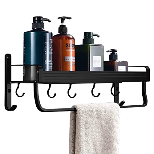 Geahod Duschregal ohne Bohren, Selbstklebende Duschablage Rostfrei, Dusche Badregal für Badezimmer, Nagelfrei Duschkorb Kleben, Kein Schaden Wandhängend Matte Finish Schwarz mit 5 Haken Cover