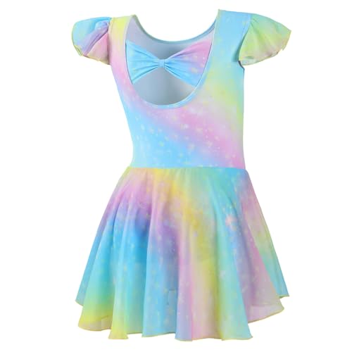 DIPUG Ballet Leotards for Girls Toddler Dance Leotard Shiny Skirts Ruffle Sleeve and Bow Back Short Sleeve Rainbow Size Kids 4t 5t 6 S