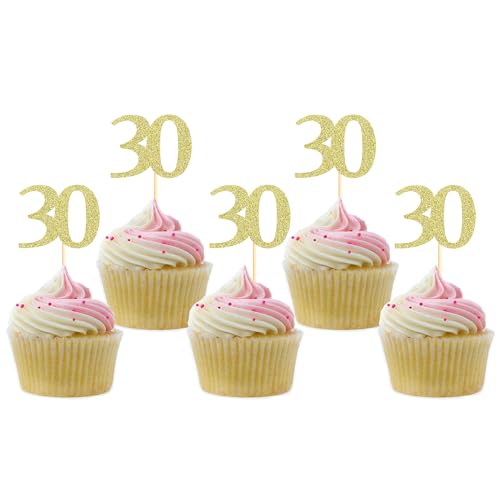 Sotpot 30PCS Gold Glitter 30th Birthday Cupcake Toppers, Cheers to 30 Years for 30th Birthday Anniversary Party Decorations
