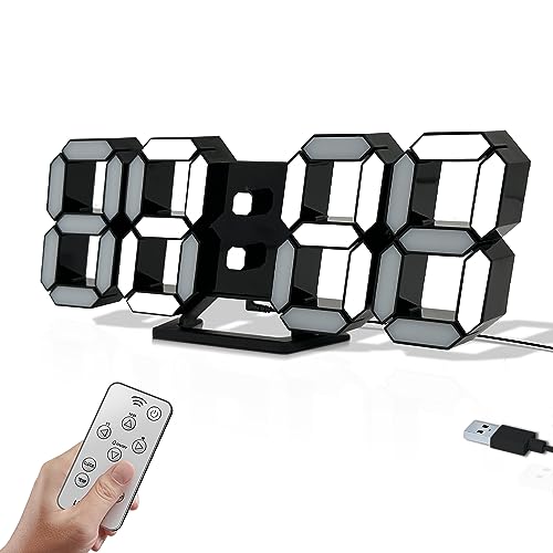 COVERY LED Digital Clock - 3D Modern Clocks for Wall/Desk, One-Touch Light Switch for Bedrooms, Office, Classroom, Big Numbers, Remote, Alarm, Cool White Light and Black Frame