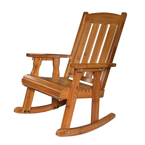 Wooden Patio Rocking Chair with Comfortable Backrest Inclination, High Backrest and Deep Contoured Seat, Solid Fir Wood, Heavy Duty 600 LBS, for Both Outdoor and Indoor (Natural)