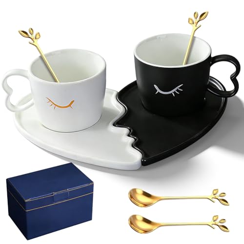 Zestaw kubków do całowania, 2 sztuki, filiżanki do kawy, 200 ml, ceramiczny kubek ze spodkiem, zestaw upominkowy dla par na ślub, zaręczyny, rocznicę ślubu, Walentynki