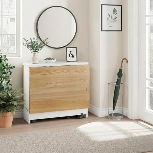 Image of TEKAVO Peyton Foldable Dining Table for Home 4 Seater | Space Saving, Movable with Wheels Folding Dining Table | 130cm x 80cm x 80cm | Mile Oak & White | DIY