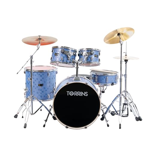 Image of TempoX Professional 5-Piece Acoustic Drum Set with 2 Cymbals & Hi-Hat (Blue) | Heavy-Duty Double Braced Stands | Complete Full Drum Set Kit for Practice & Performance