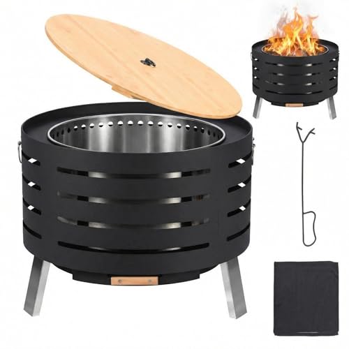 30 Inch Smokeless Outdoor Fire Pit, Outdoor Firepit Table with Removable Ash Pan,Bamboo Lid, Rainproof Cover,Portable Metal Firepit for Patio, Backyard, Camping by ActiveTrail - Used condition - US$244.52
