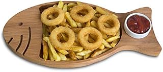 Chips and Dip Serving Platter, Wooden Fish Decor Serveware with Porcelain Sauce Bowl