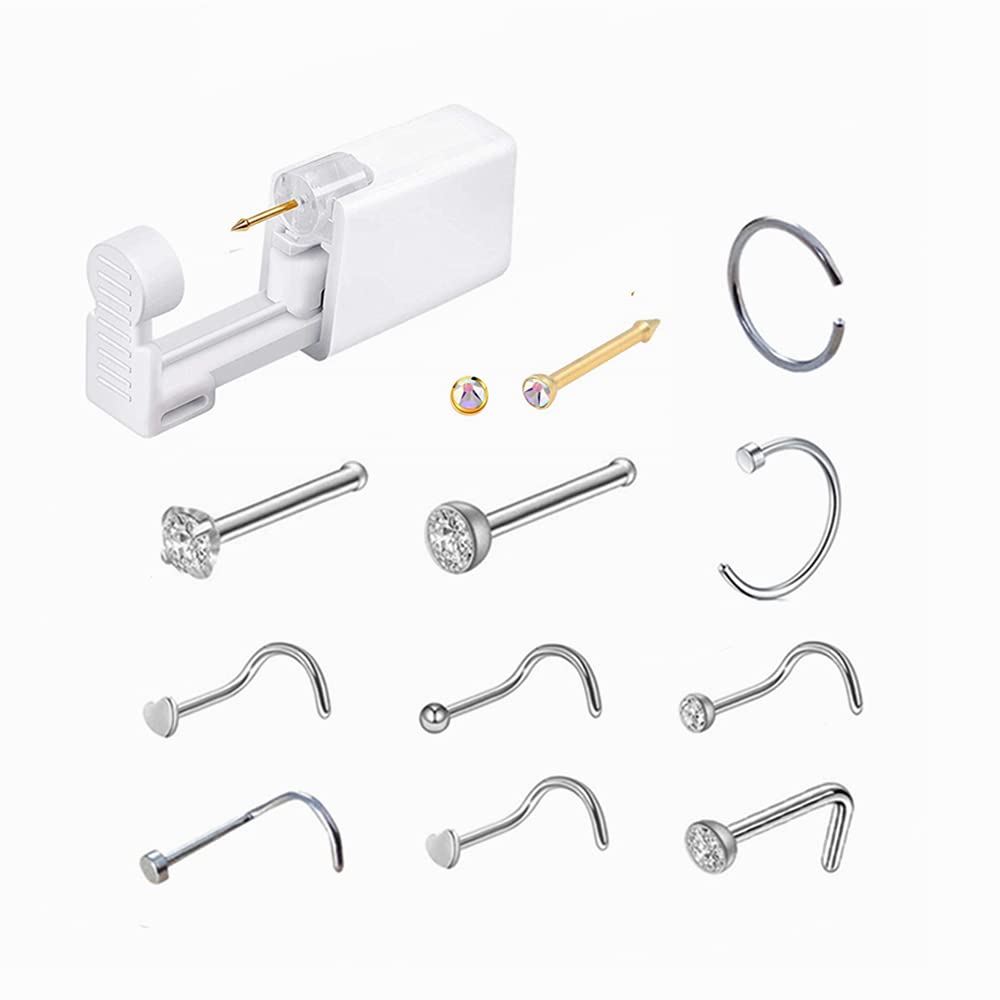 LIGHTONE Self Nose Piercing Gun Self Nose Piercing Gun Kit Safety Nose Piercing Gun Kit Tool, Nose Stud Piercing Kit Tool with Free Nose Rings Hoop and Marker for Women Girls