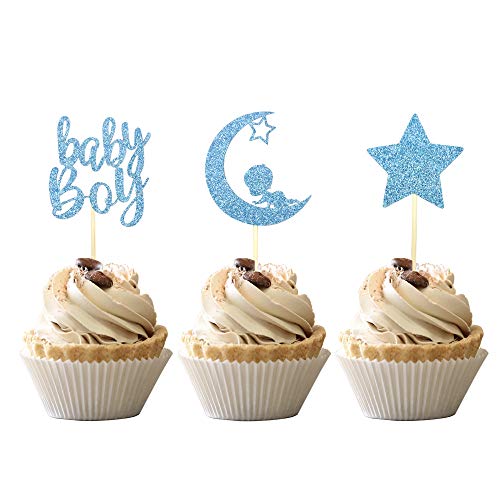 24 PCS Baby Shower Boy Cupcake Toppers with Moon Star Blue Glitter Cupcake Picks Boys Birthday Party Supplies by ZHUOWEISM - Used condition - US$6.09