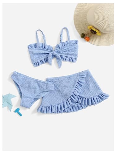 Image of MakeMeChic Girl's 3 Piece Swimsuit Textured Knot Front Frill Trim Bikini Sets with Ruffle Wrap Cover Up Skirt Blue 1T