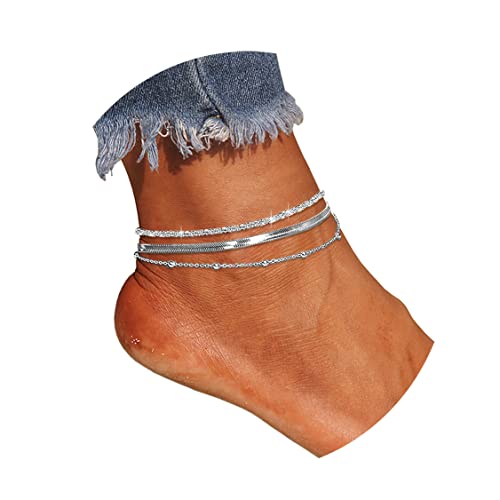 Sparkling Ankle Bracelets For Women Set,Layered Beaded Snake Chain Silver Anklet Bracelets For Women Dainty Cute Anklets For Teen Girls Beach Jewelry Gifts #TOP3