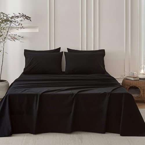 BDEAR 6PS Black King Size Bedding Sheet Set, 100% Washed Cotton