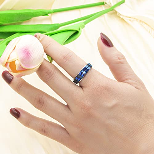 AmorArtSky Fidget Rings for Women Men Anxiety: 6mm width Titanium Stainless Steel Spinner Gear Ring Thumb Ring Mens Wedding Band Ring Silver Blue Black Tone Size 6 7 8 9 10
