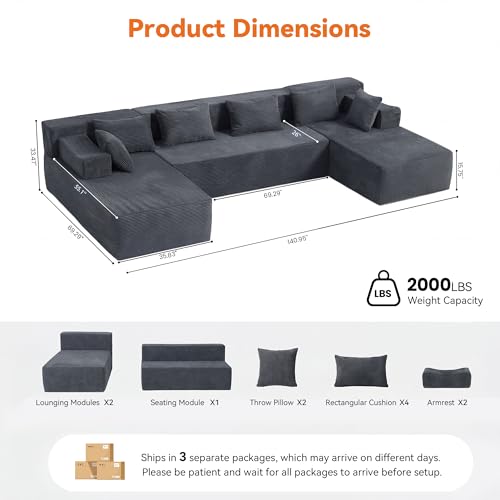 Image of MONVANE 141 inch U Shaped Cloud Sectional Couch with Chaise Lounge, Modular Sectional Sofa with Removable Armrests, Comfy Corduroy Boneless Couches for Living Room, No Assembly Required, Grey