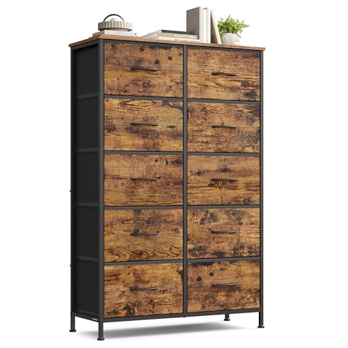 SONGMICS Komoda, 10 szuflad z tkaniny, stalowa, MDF, włóknina, do sypialni, szafy, przedpokoju, salonu, rustykalny brąz i czarny atrament LGS125BH04
