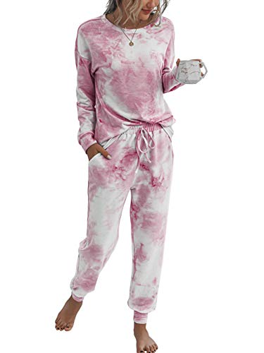 Fanyarie Womens Tie Dye Printed Long Sleeve Tops and Pants Long Pajamas Set Joggers PJ Sets Nightwear Loungewear Pink A194-fenbai-S