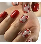 24Pcs Flower Press on Nails Short Square Fake Nails with Design Red Flower Glitter False Nails Gl...