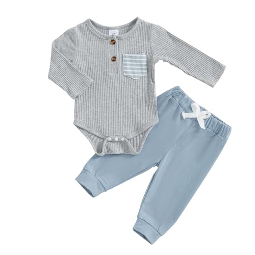 Image of fhutpw Baby Boy Clothes 3 6 12 18 Months Ribbed Knitted Long Sleeve Romper and Pants Sets Newborn Fall Splicing Color Outfits