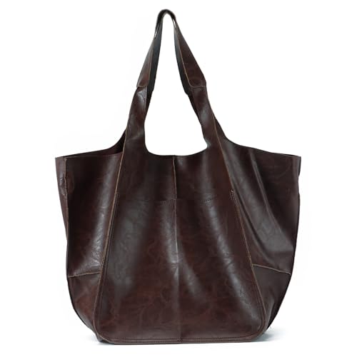 Sac à bandoulière en cuir souple vintage grand sac à main cabas porté épaule café