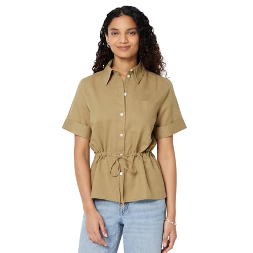 Amazon Essentials Damen Leinen-Bluse mit Verstellbarer Taille Bronze M
