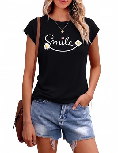 Image of Aottori T-Shirt Women UK Summer Short Sleeve T Shirt Flower Graphic Print Tshirt Crew Neck Basic Ladies Tee Shirts Loose Fit Black L