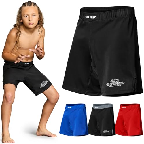 Elite Sports Kids MMA BJJ No GI UFC Grappling Jiu Jitsu Shorts Black Jack Youth Boys MMA Training Grappling Training Shorts (Small Black)