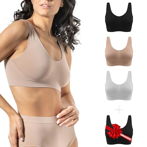 Risalti Sujetador Sin Aros Hombro Ancho 3 Pzs - Bralette Mujer en Microfibra, Top Bra Sin Costura y Etiquetas, Ropa Interior más Suaves Que el Sujetador Deportivo, Elástico - Made in Italy