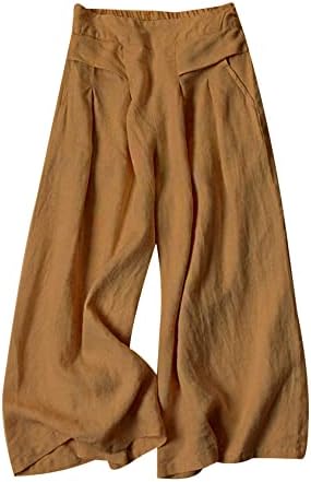 Gihuo Women' s Culottes Linen Blend Wide Leg Pants Elastic Waist Casual Palazzo Trousers with Pockets Capris