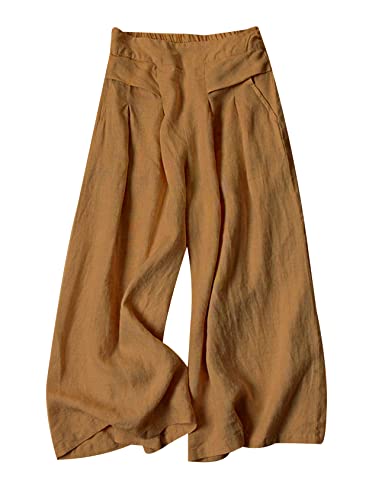 Gihuo Women' s Culottes Linen Blend Wide Leg Pants Elastic Waist Casual Palazzo Trousers with Pockets Capris